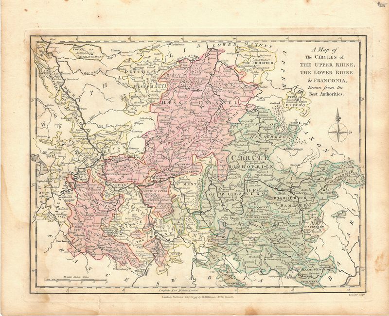 1794 Map of The Circles of the Upper and Lower Rhine &amp; Franconia by Wilkinson