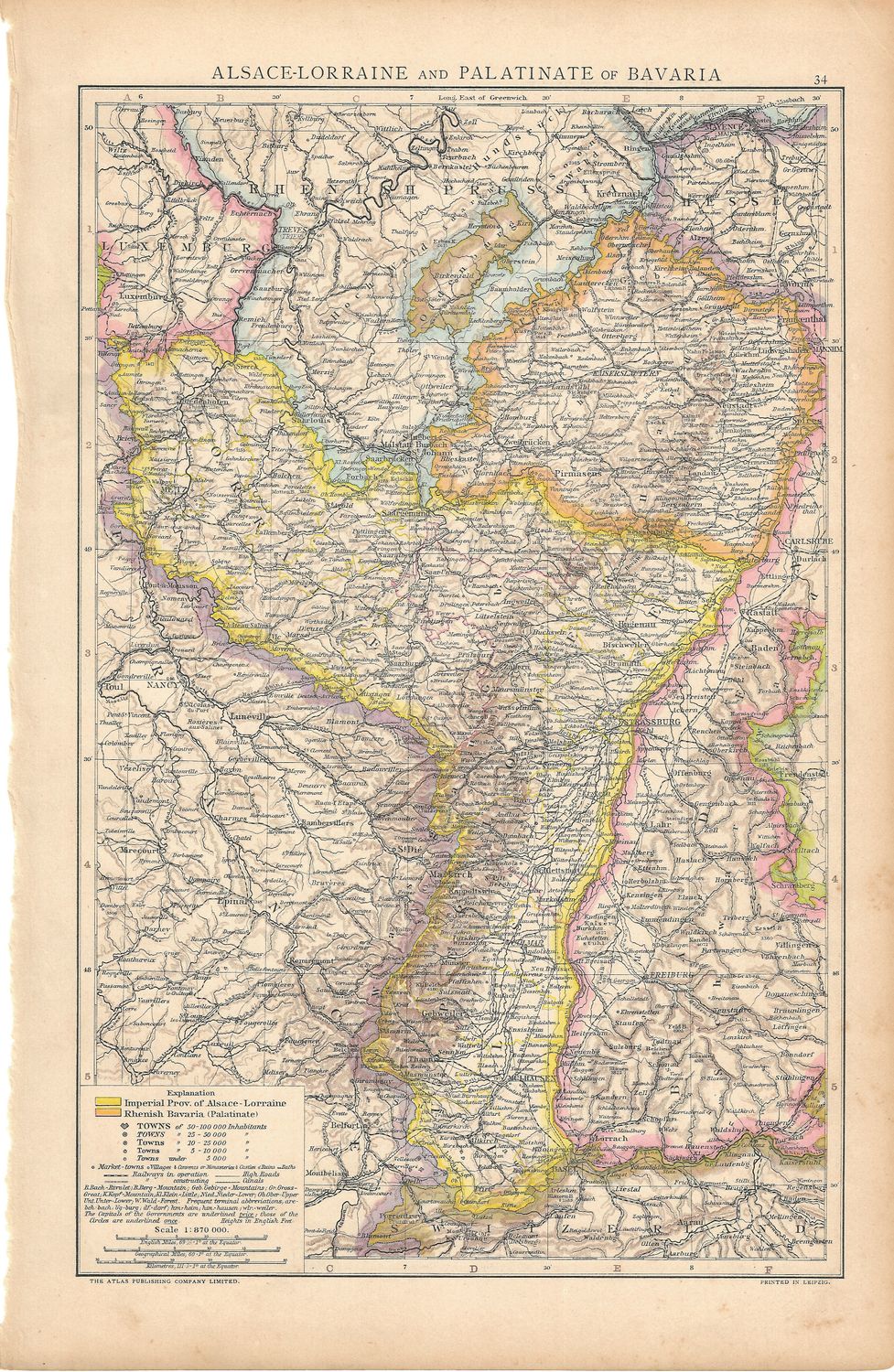 1893 Map of Alsace-Lorraine &amp; Palatinate of Bavaria by Atlas Publishing