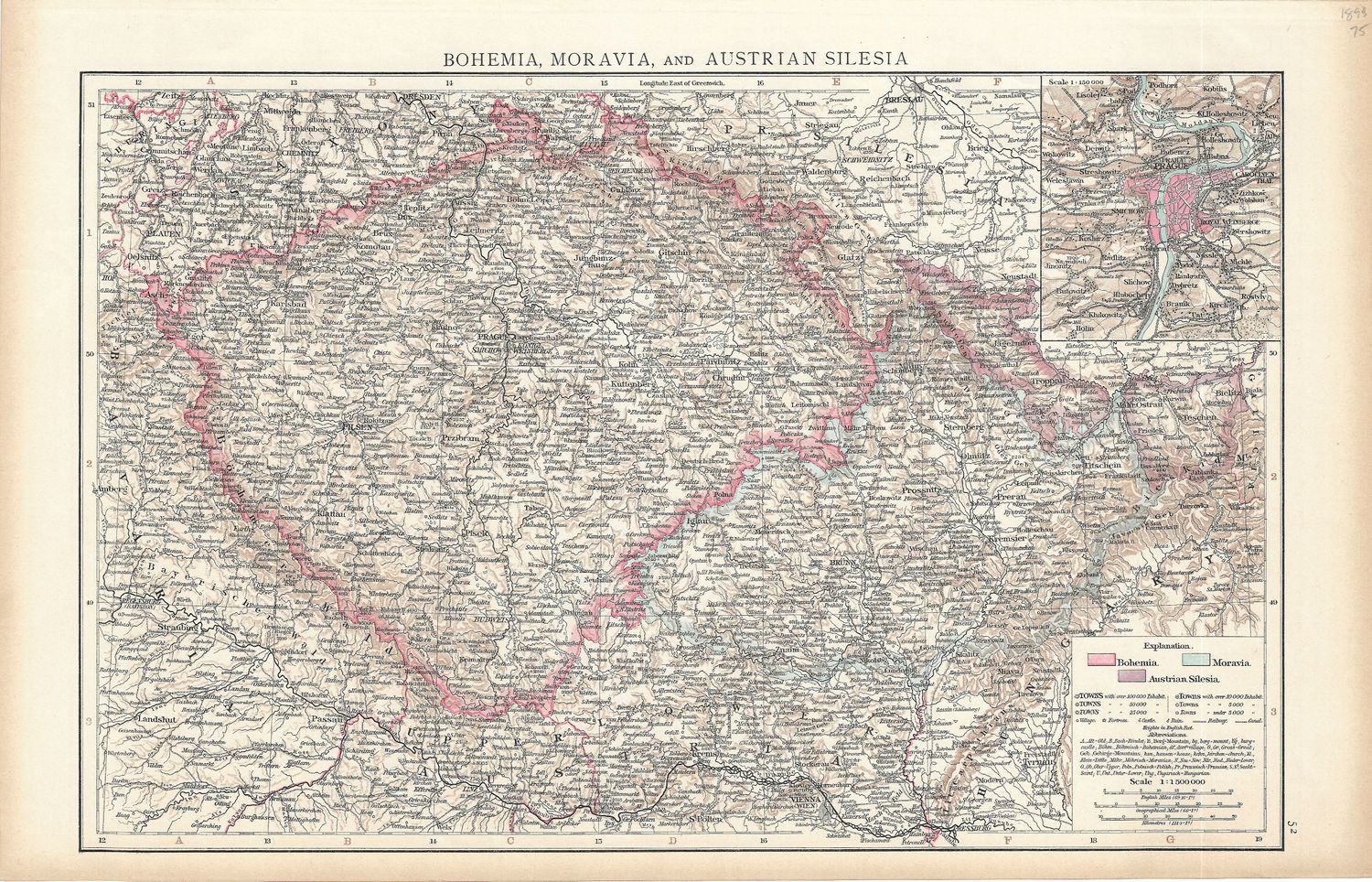 1893 Map of Bohemia, Moravia &amp; Austrian Silesia by Atlas Publishing