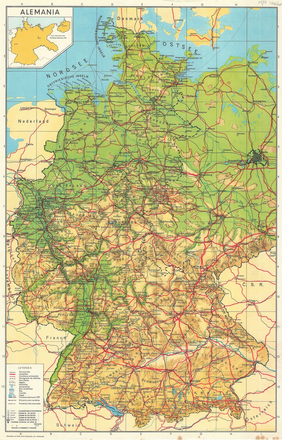 1938 Italian Map of Alemania (Germany) in Chromolithography.