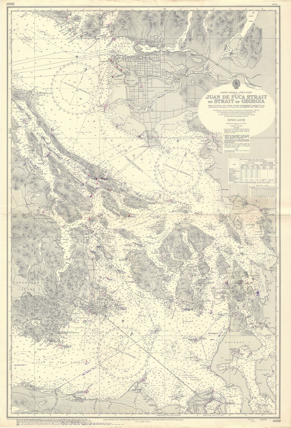 1965 (1952) Chart from Juan de Fuca Straights to the Straights of Georgia, Washington from Assorted Sources