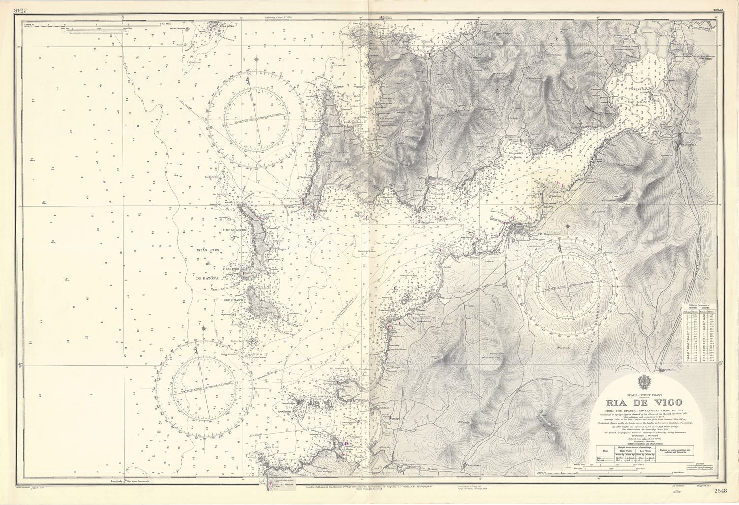 1965 (1915) Chart of the Ria Vigo, Spain West Coast from Assorted Sources