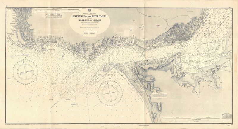 1965 (1871) Chart of the Entrance of the River Tagus and Harbor of Lisbon, Portugal 