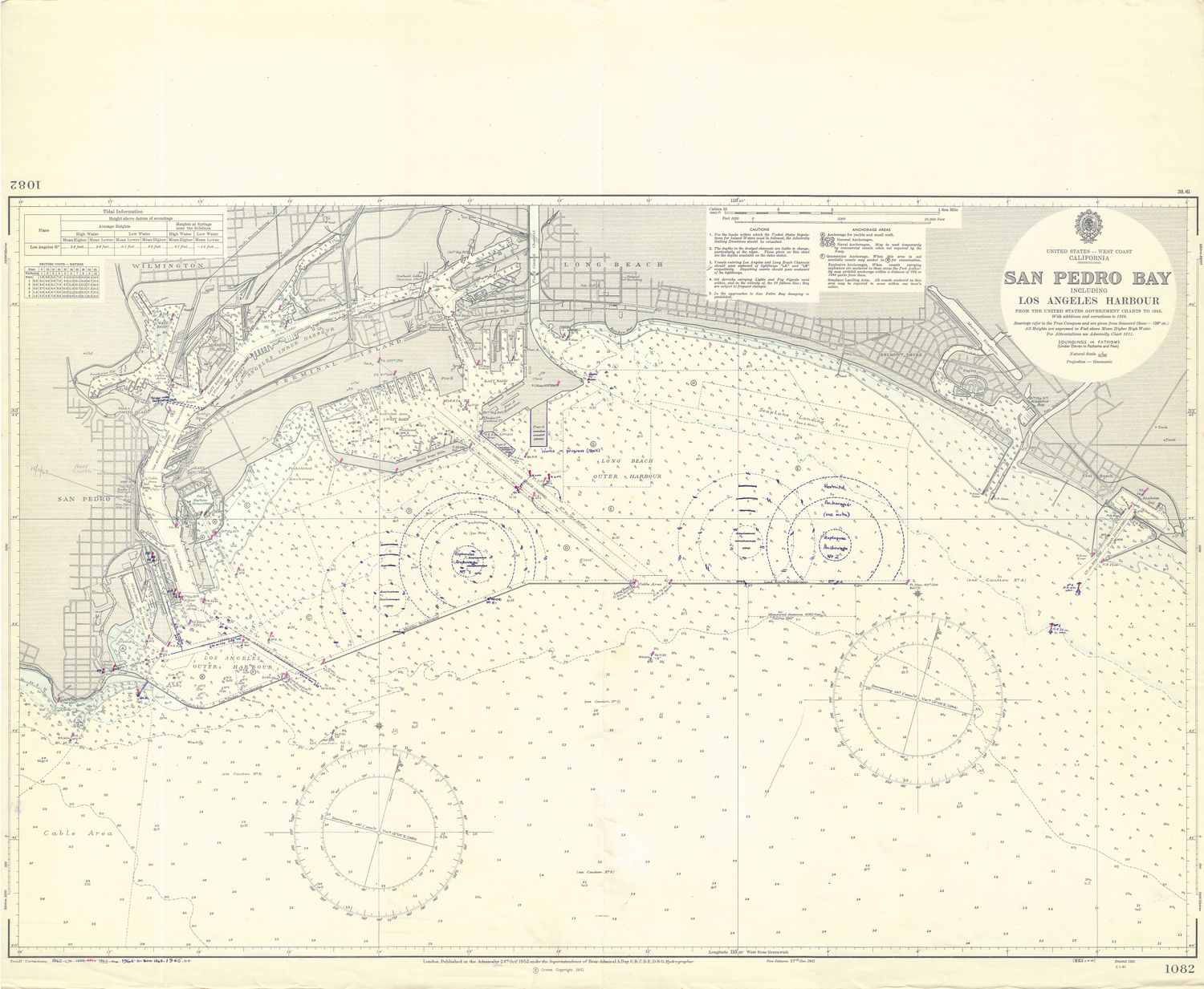 1965 (1952) Chart of San Pedro Bay w/ Los Angeles Harbor , Calif.