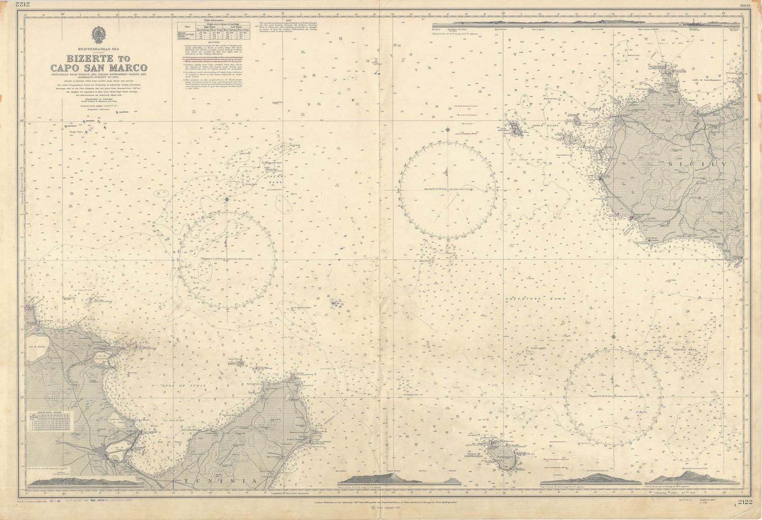 1965 (1963) Chart from Bizerte , Tunisia to Capo San Marco, Sicily