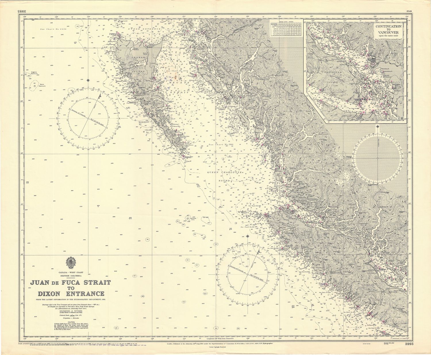 1965 (1956) Chart from Juan De Fuca Straights to Dixon Entrance, Canada 