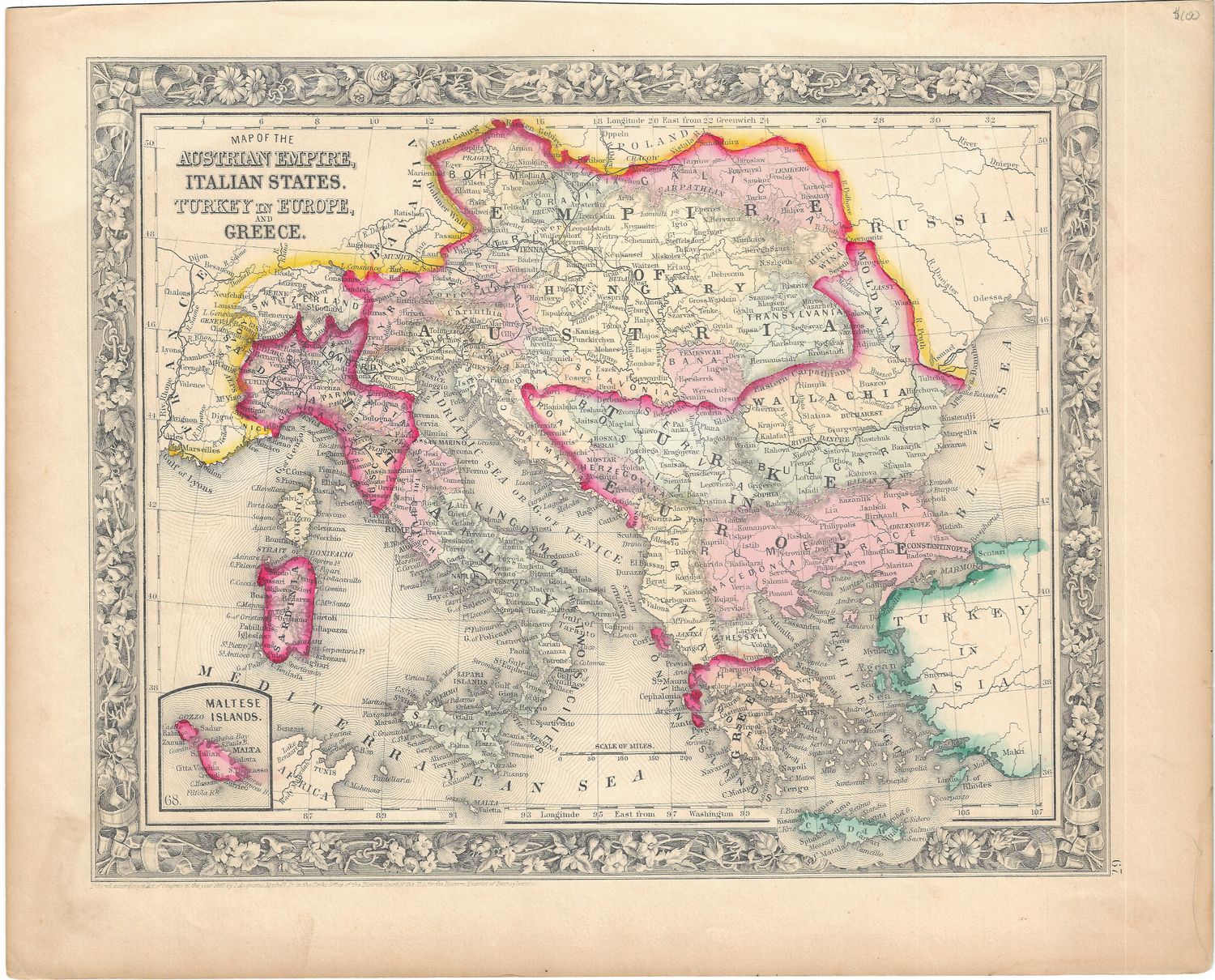 1860 Map of the Austrian Empire w/ Italian States &amp; Turkey in Europe and Greece by S. Augustus Mitchell 