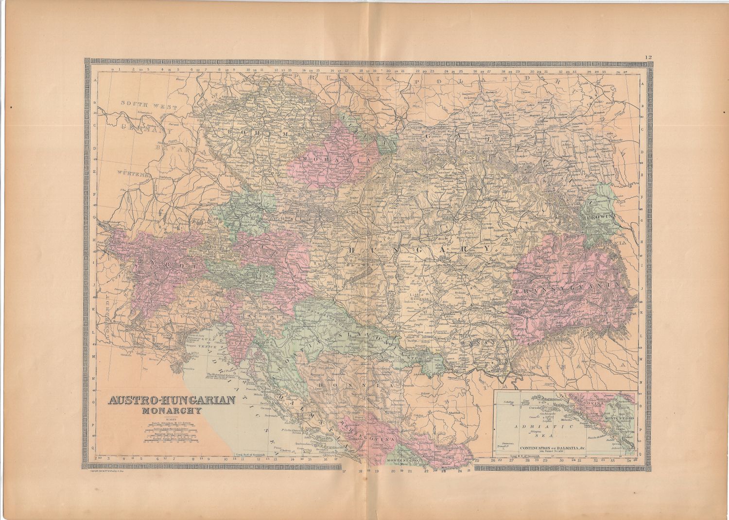 1886 Map of  Austro-Hungarian Empire  by Bradley&#39;s