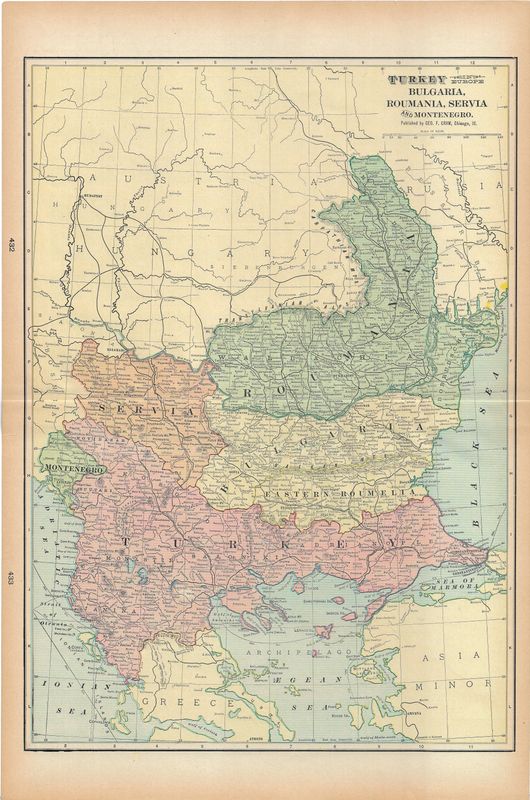 1901 Map of Servia, Romainia , Bulgaria by Geo. Cram