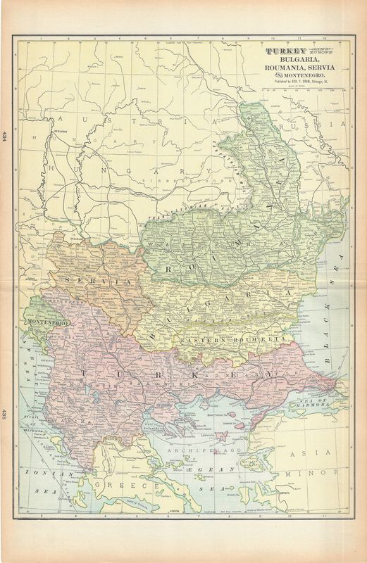 1901 Map of Turkey in Europe , Bulgaria, Roumania, Servia, Bosnia, by Cram's