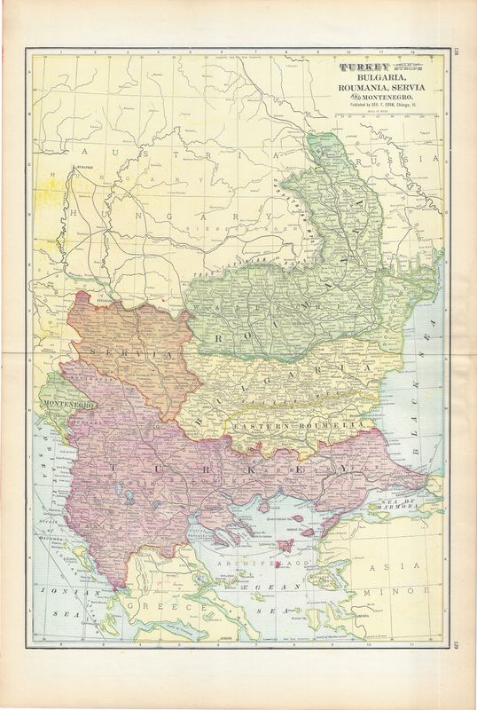1903 Map of  Roumania, Bulgaria, Servia by Geo. Cram