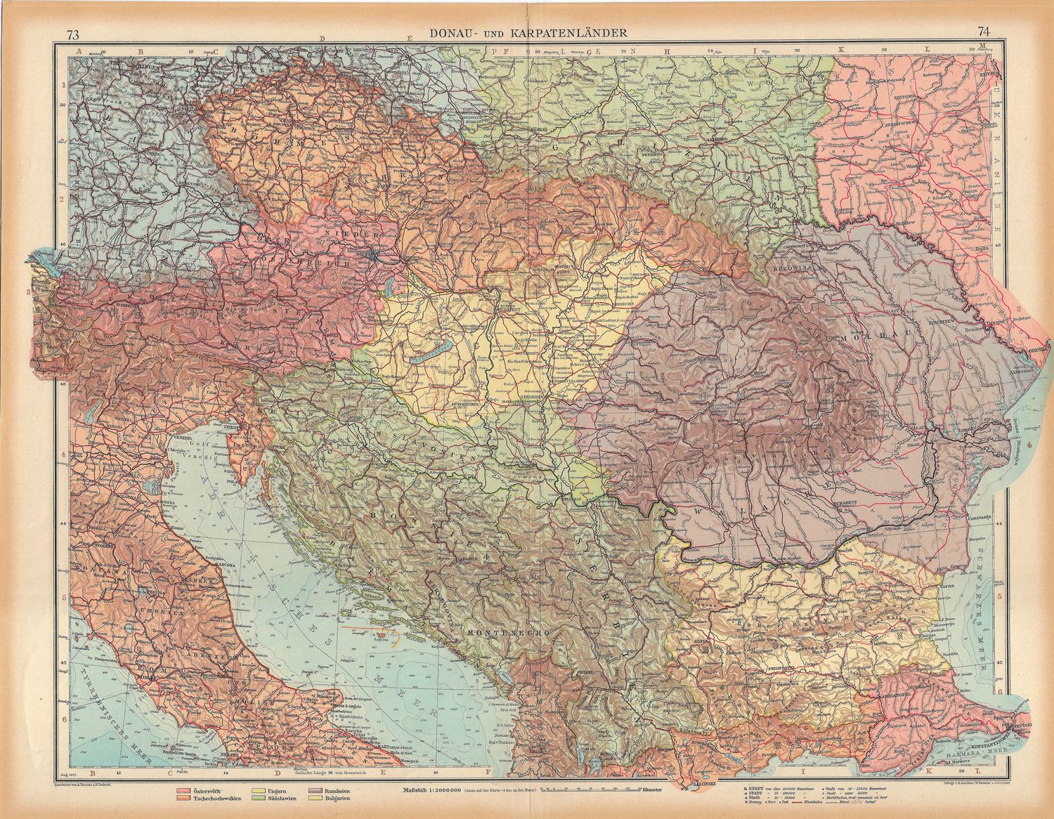 1923 Map of Northern Balkens: Servia, Croatia by Stieler in German 