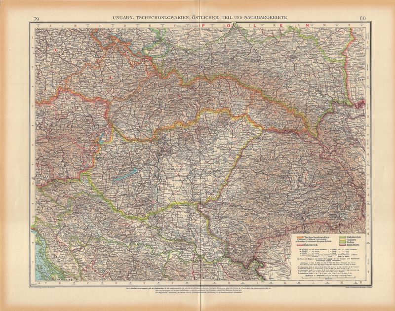 1923 Map of  Hungary &amp; Checho-Slovacia by Stieler in German 