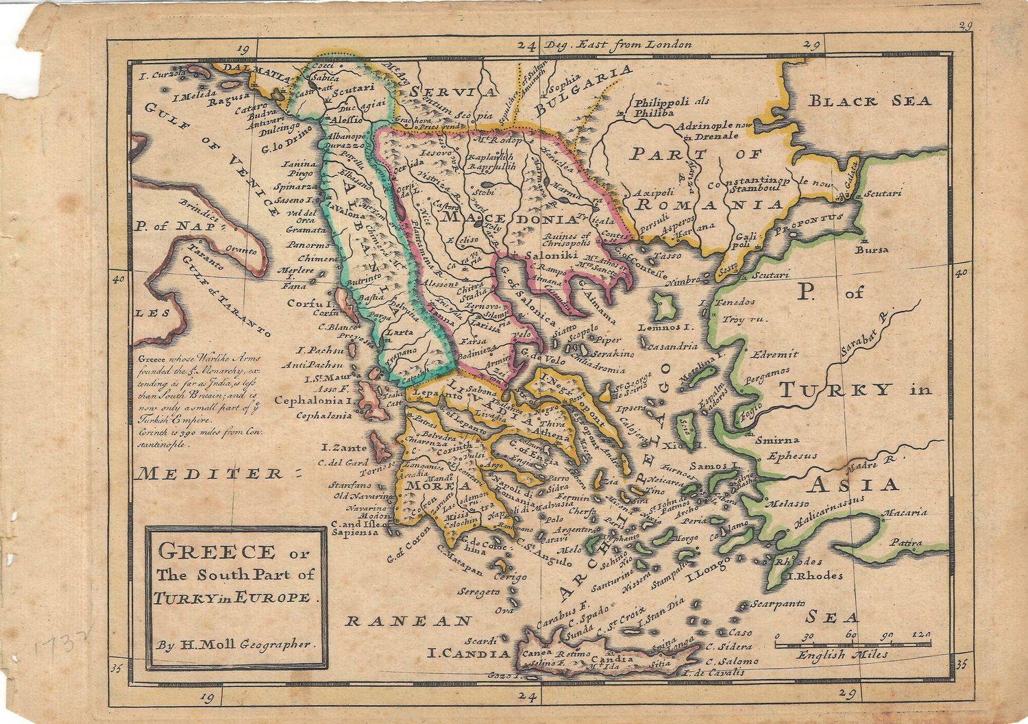 1732 Map of Greece or Southern Part of Turkey in Europe by Hermann Moll