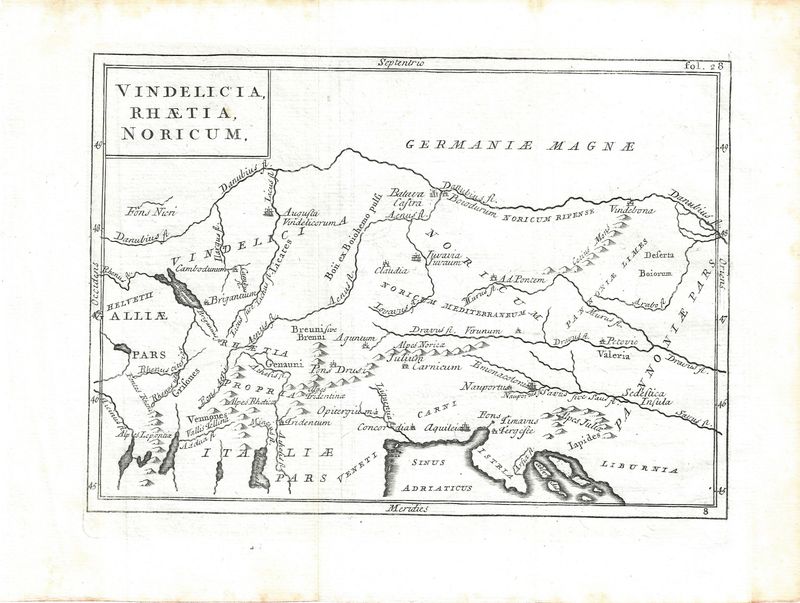 1731 Map of Ancient Vindelicia Rhaetia Noricum by Cellarius