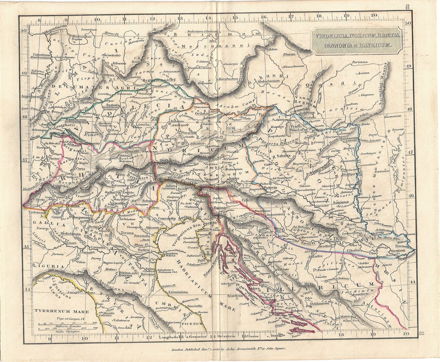 1840 Map of Vindelicia, Noricum, Rhatia, Pannonia, Illyricum by John Arrowsmith