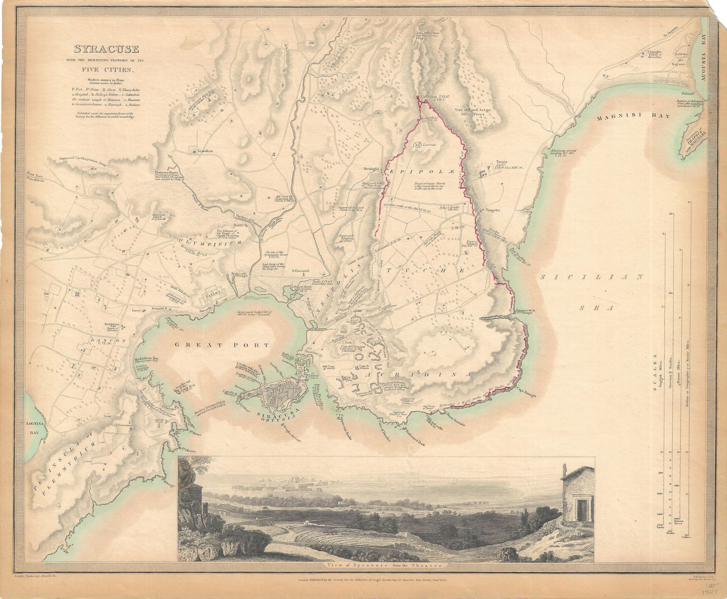 1844 Map of Syracuse w/Remaining Vestiges of the 5 Cities by The SDUK