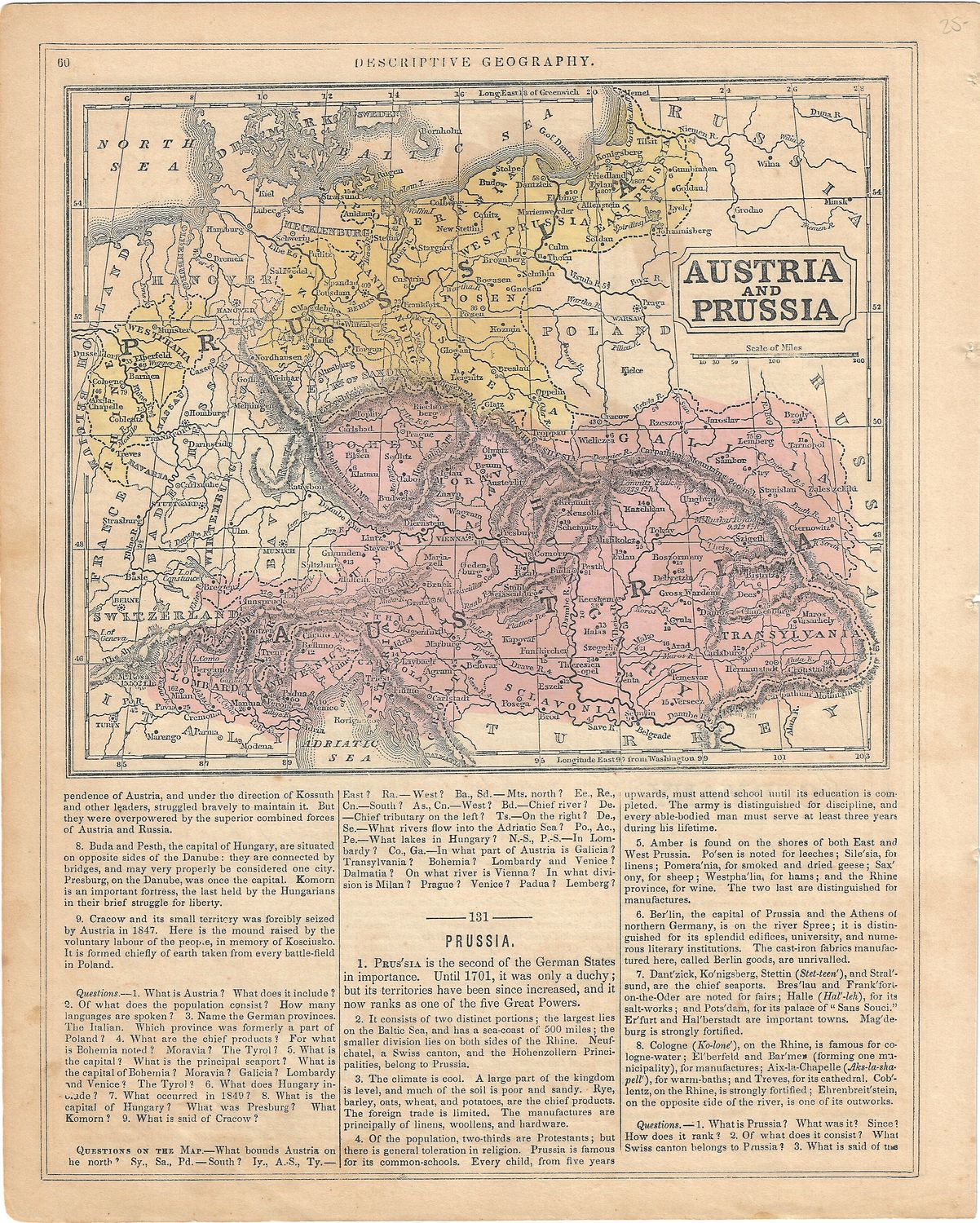 1855 Map of Austria &amp; Prussia (w/text) from a Descriptive Geography