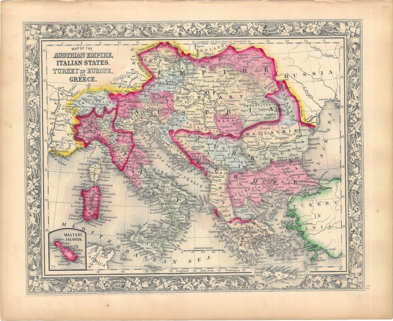 1860 Map of the Austrian Empire, Turkey in Europe Italy and Greece by S. Augustus Mitchell