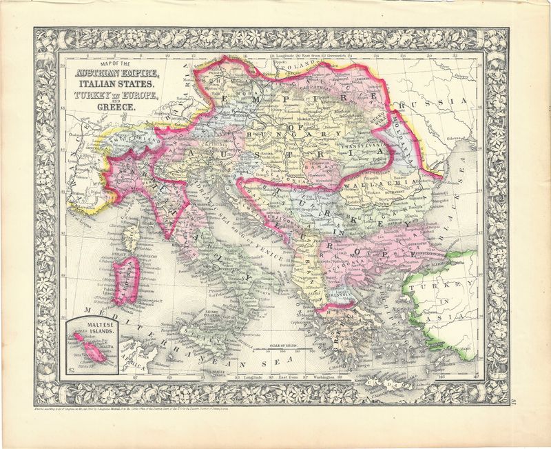 1866 (1860) Map of the Austrian Empire &amp; Italian States, Turkey in Europe and Greece by S. Mitchell 
