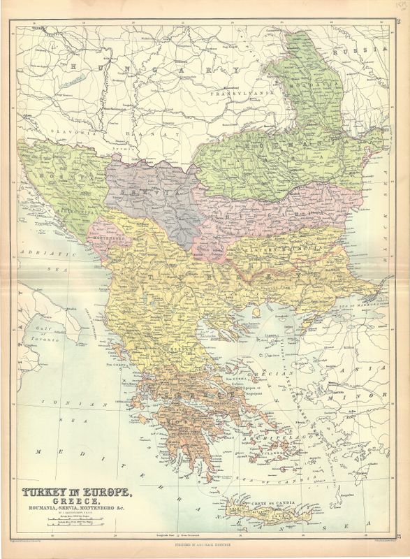 1879 Map of Turkey in Europe, Greece, Romania Servia, Montenegro by Bartholomew
