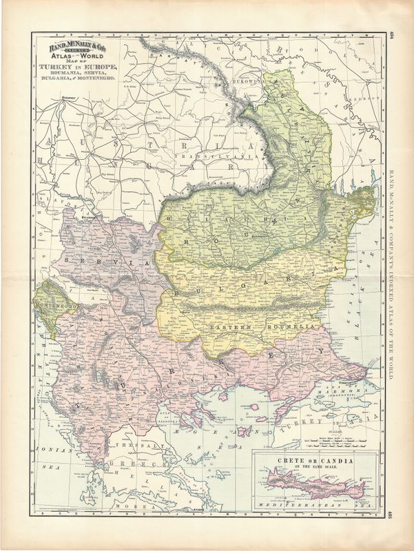 1891 Map of Turkey in Europe, Roumania, Servia, Bulgaria &amp; Montenegro by Rand McNally