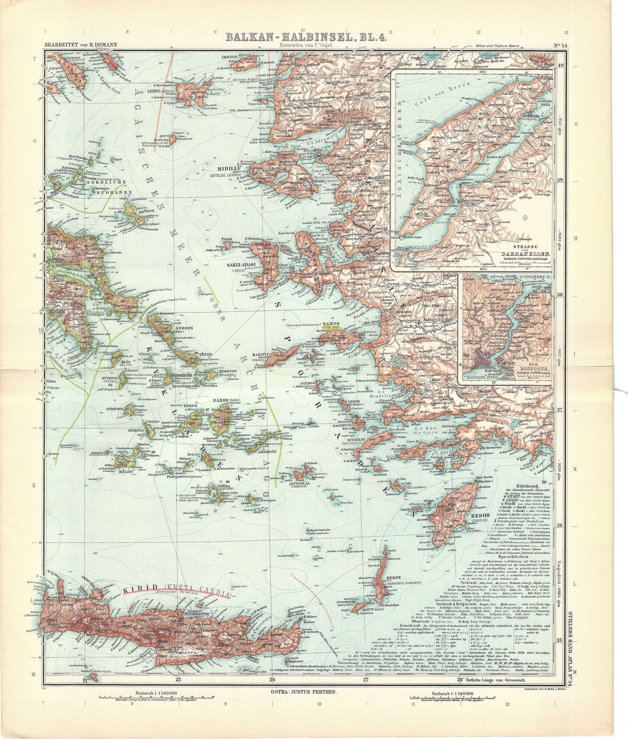 1912 Map of the Balkan Peninsula from Stieler&#39;s Atlas- 2 Sheets w/ insert maps