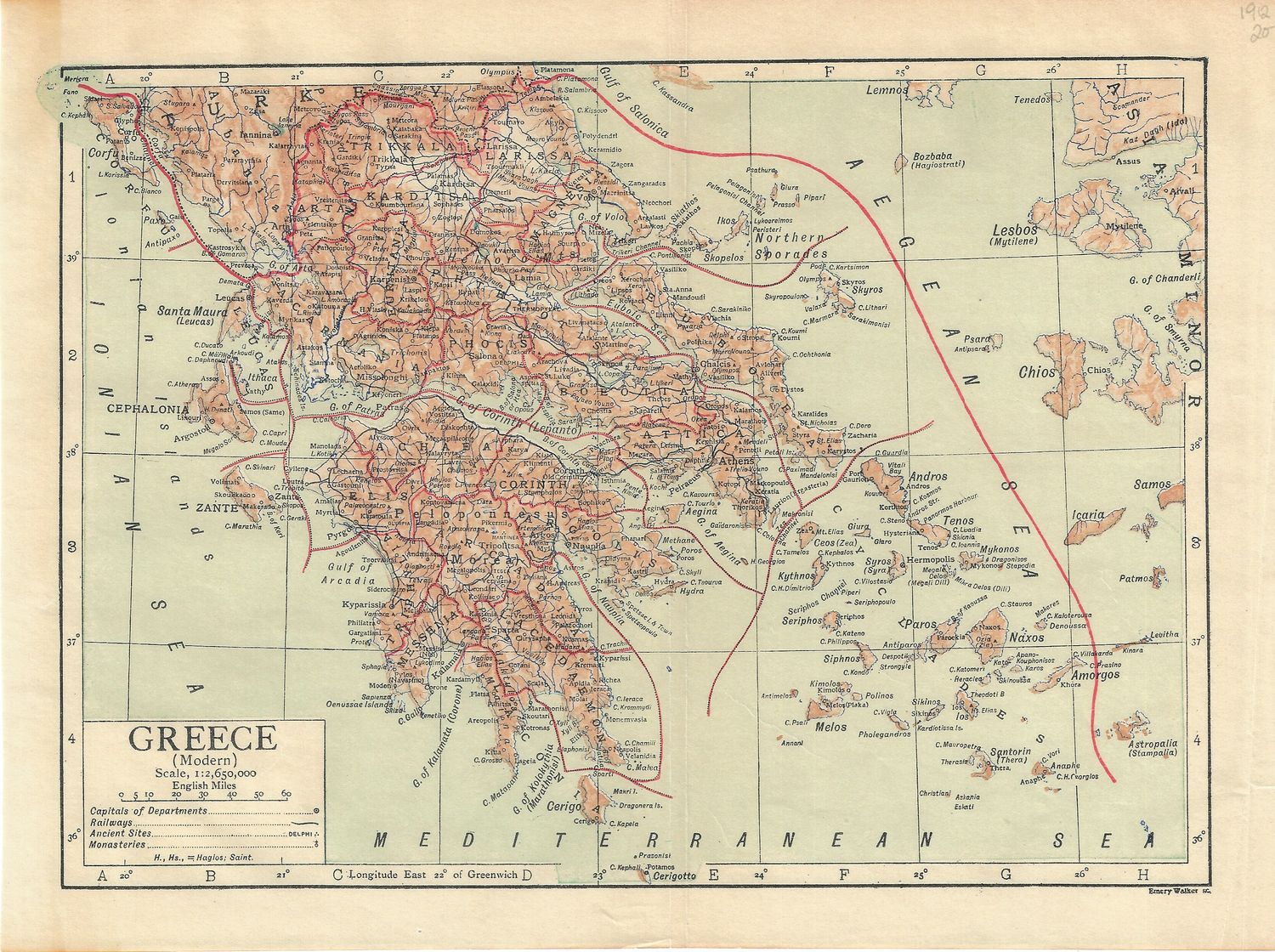 1912 Map of Greece by Emery Walker