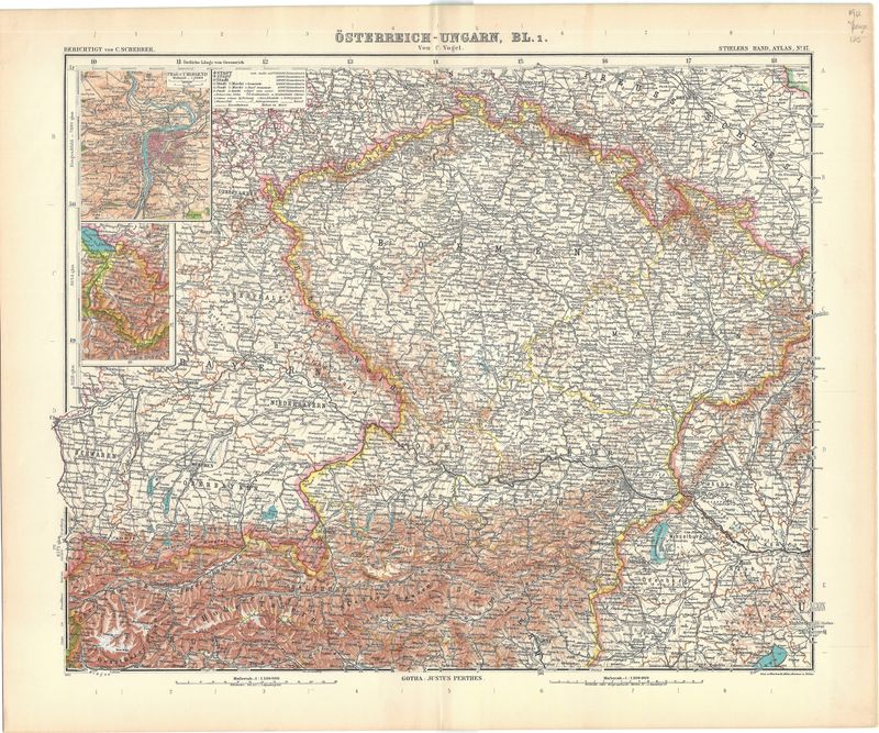 1912 Map of Austria-Hungary w/Prague insert - 2 sheets conjoined in German