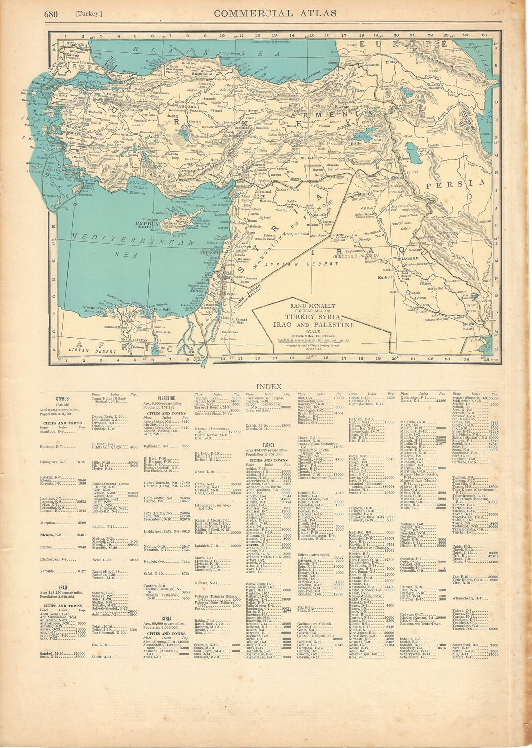 1924 Map of Turkey, Syria, Iraq &amp; Palestine  w/ Index by Rand McNally