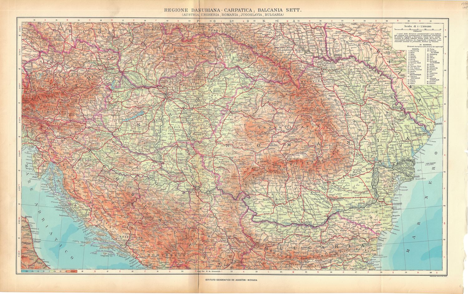 1934 Map of Regione Danubiana , Carpatica, et al : Austria, Hungary, Romania, Yugoslavia &amp; Bulgaria by Agostini Institute Geographia