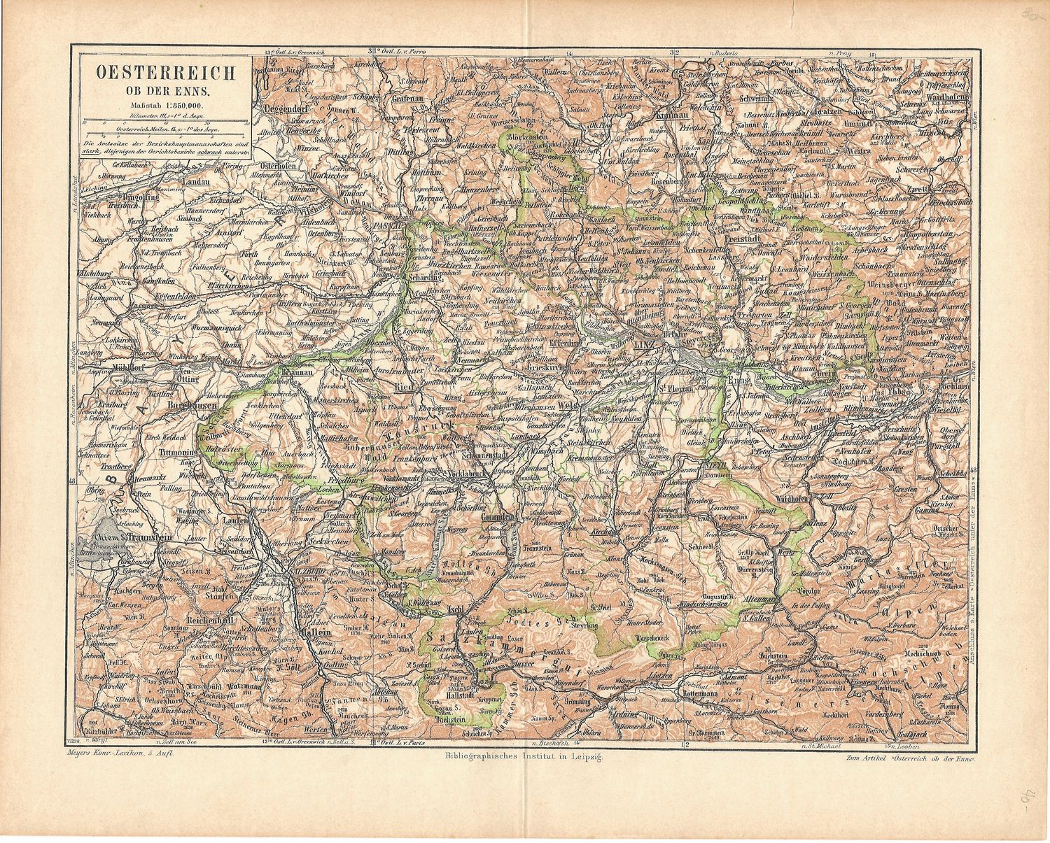 1907 Map of Austria by Meyers in German