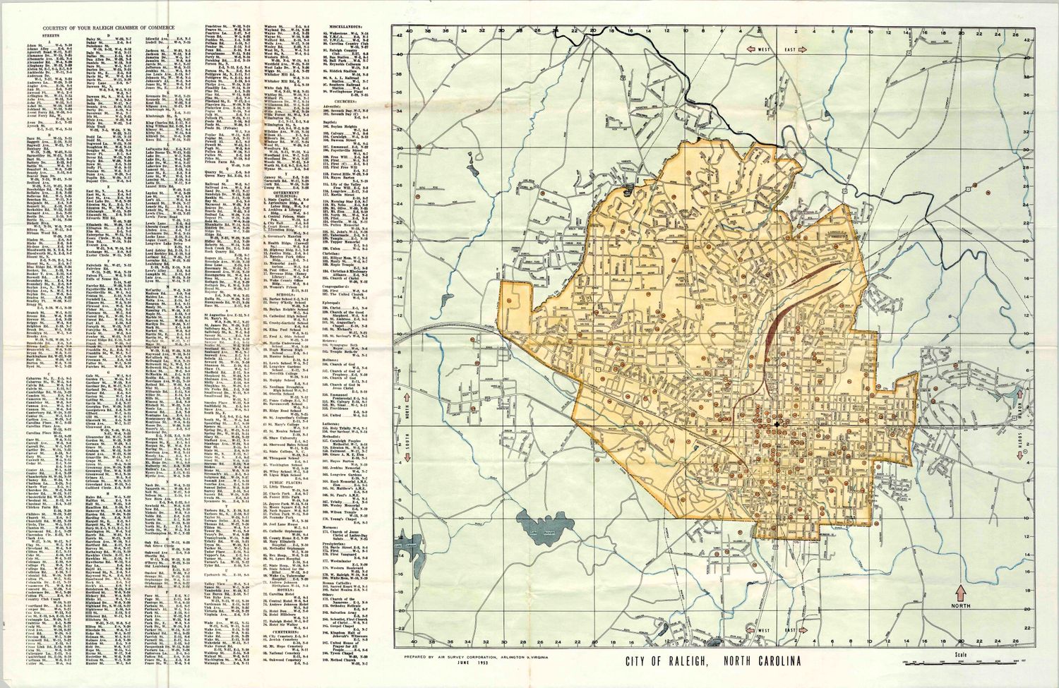 1953 Map of Raleigh, North Carolina, Courtesy of the Chamber of Commerce