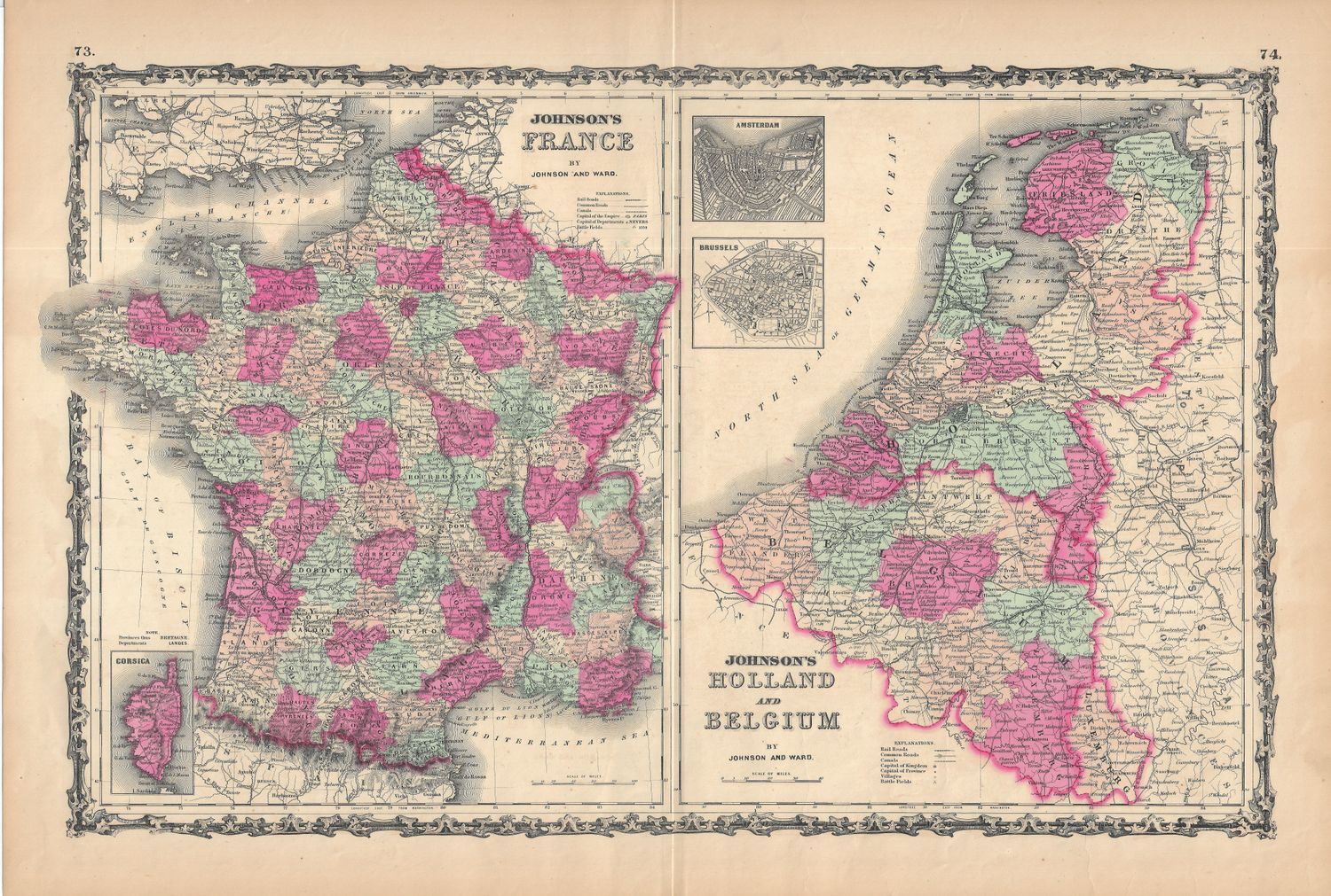 1860 Map of France &amp; Holland w/Belgium by Johnson and Ward