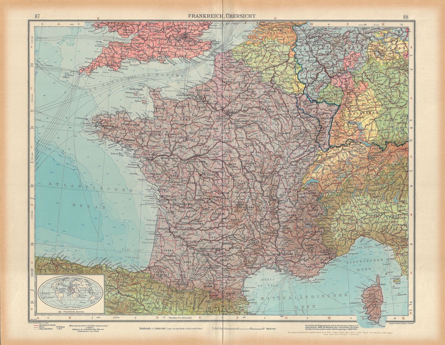 1923 Map of France w/ Insert Map of Colonies by Stieler