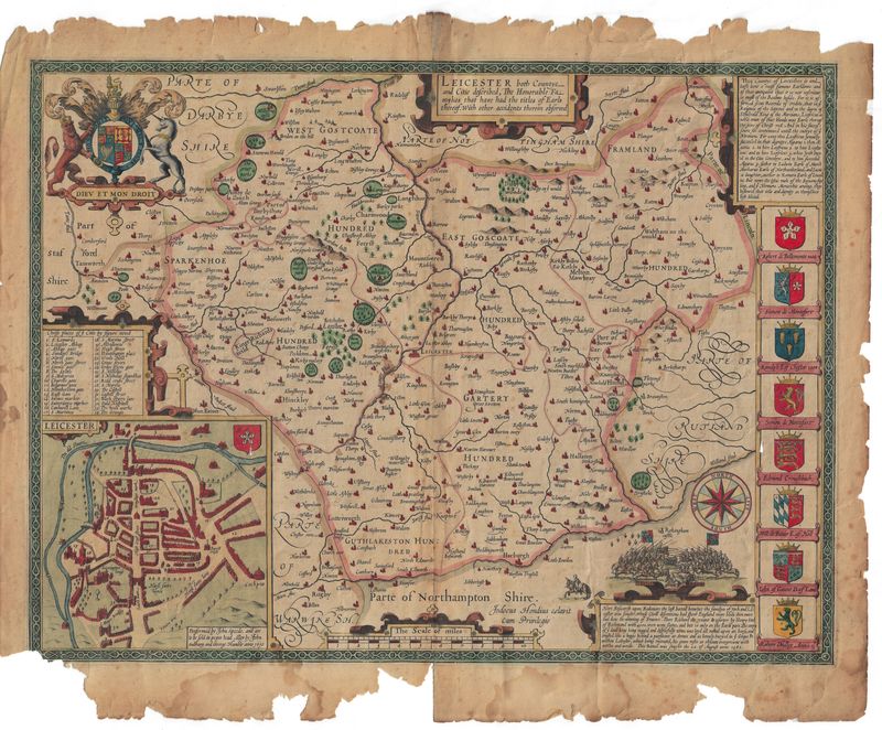 1610 Map of Leicester, England w/ OHC by John Speed