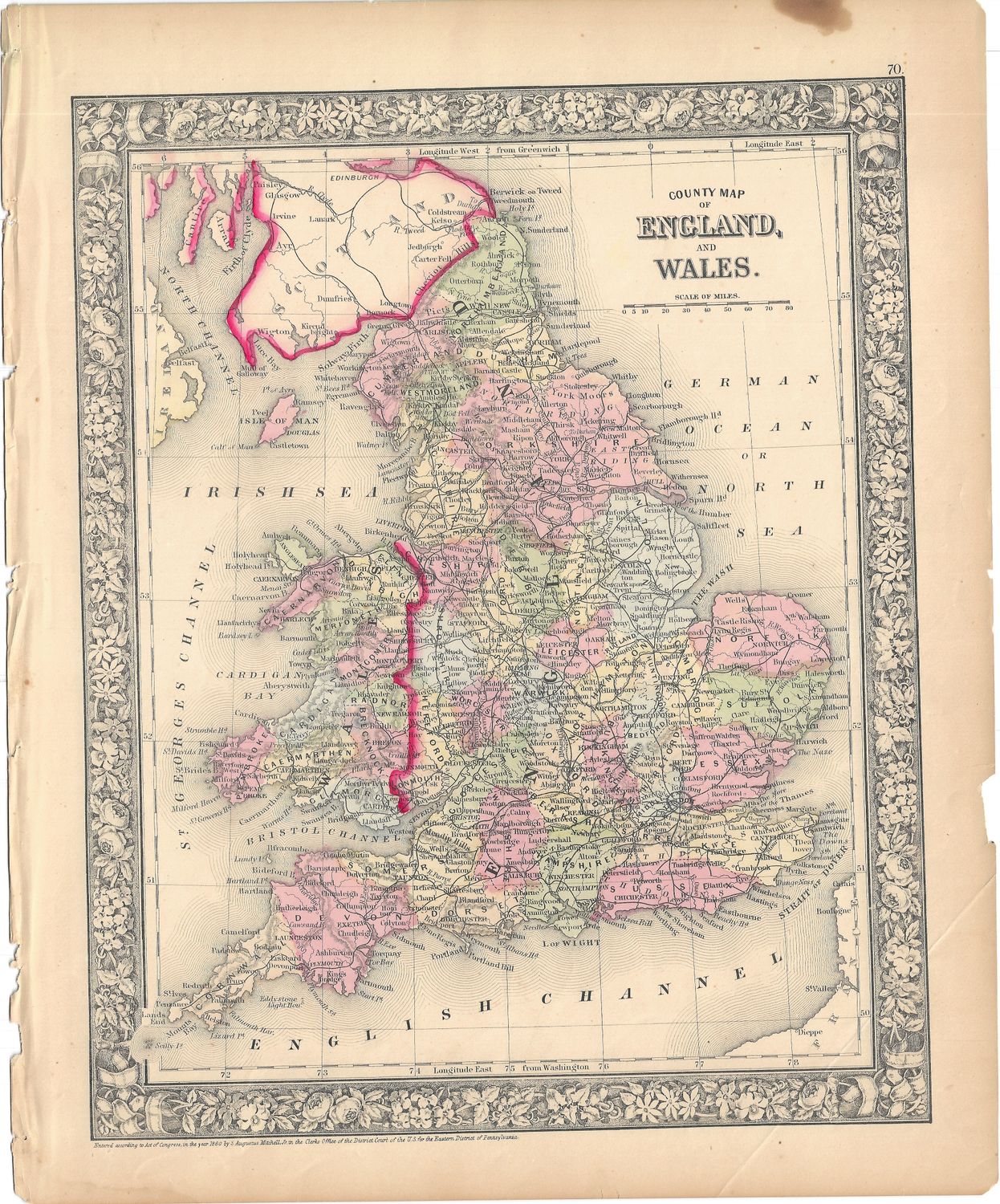 1860 County Map of England &amp; Wales by S Augustus Mitchell
