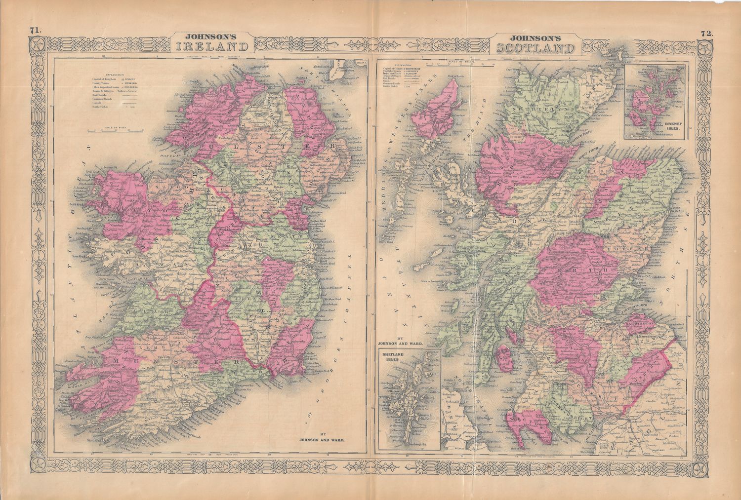 1863 Map of Scotland and Ireland by Johnsons and Ward