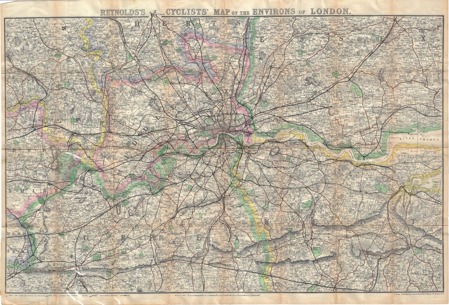 1885 Reynold&#39;s Cyclist Map of the Environs of London