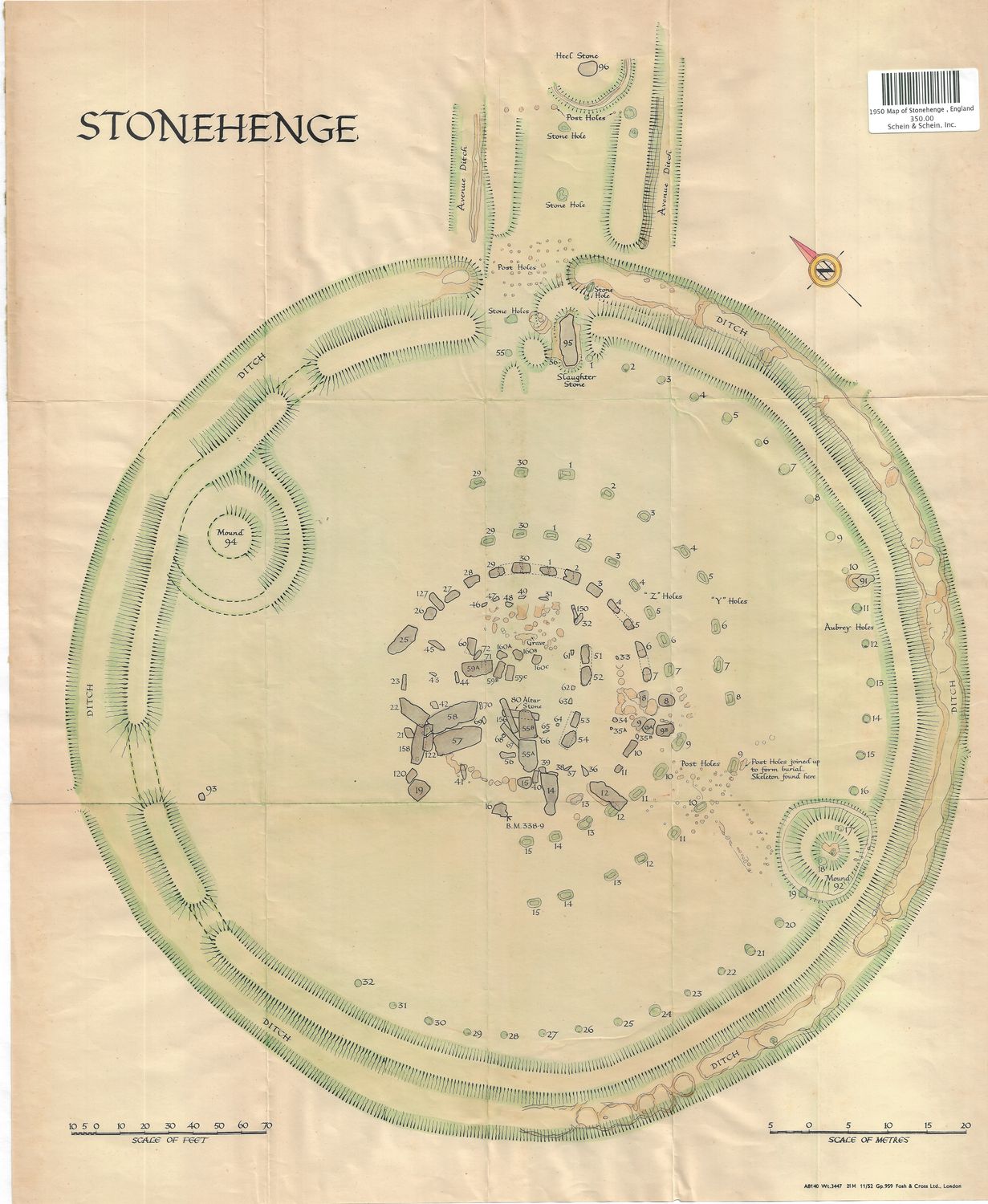 1950 Map of Stonehenge , England with hand color