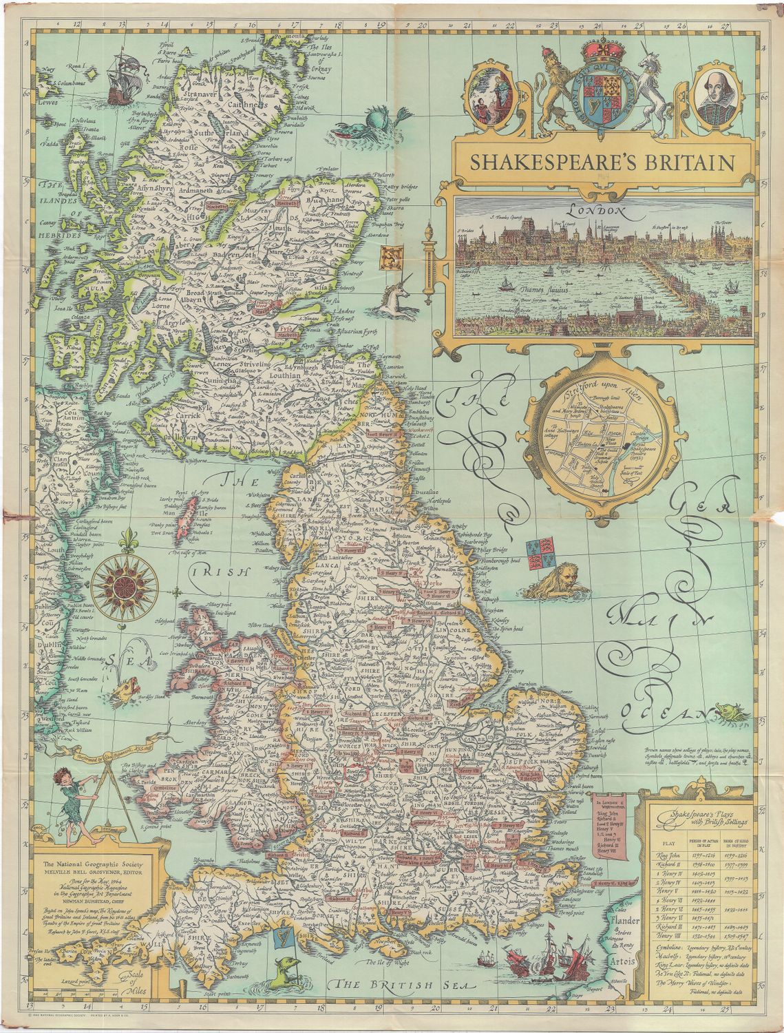 1964 Map of Shakespeare&#39;s Britain by Nat Geo