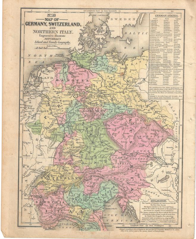 1840 Map of Germany, Switzerland &amp; Northern Italy by Mitchell's
