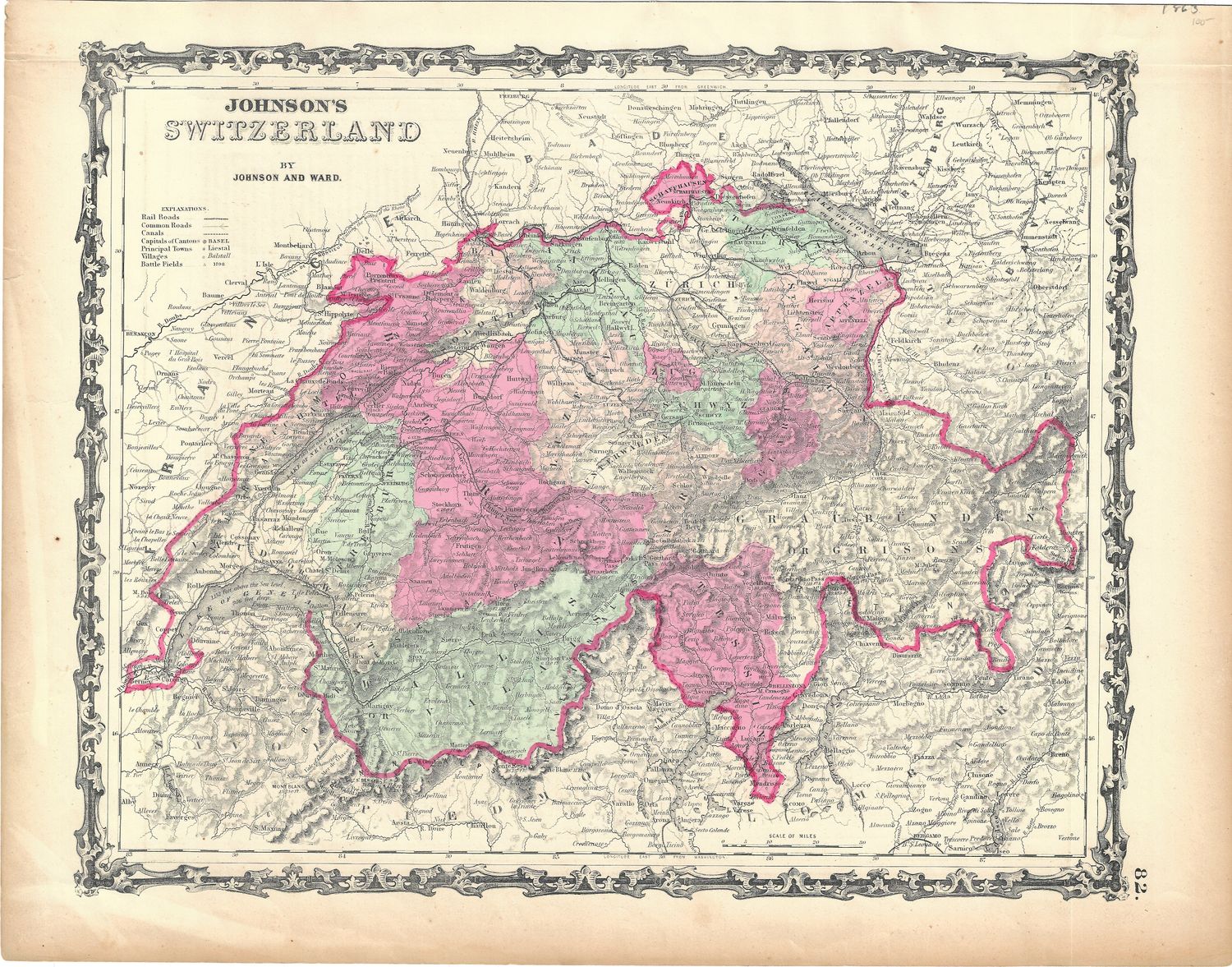 1863 Map of Switzerland by Johnson &amp; Ward