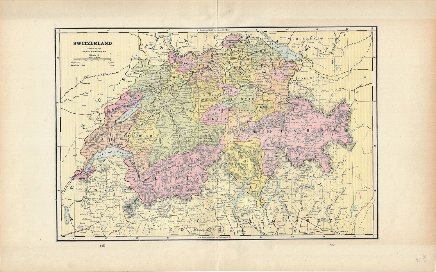 1892 Map of Switzerland by Peoples Publishing  Co.