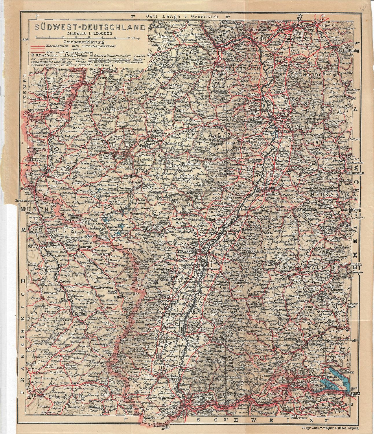 1900 Map of Sudwest Deutschland by Wagner &amp; Debes