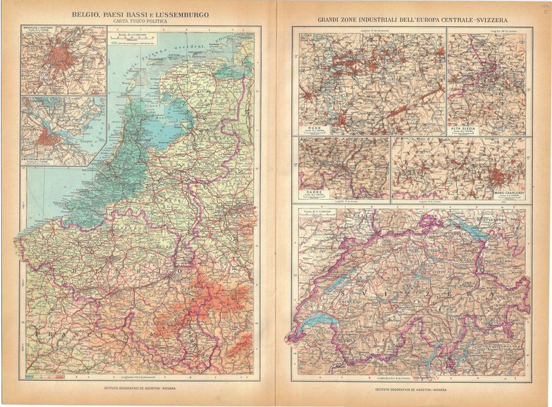 1934 Map of Belgium &amp; Switzerland w/ Its Industrial Zones by Inst. Geo. Agostini