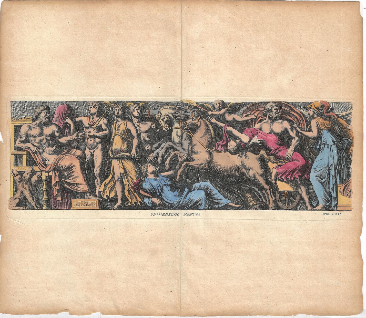 1740 Copper engraving of the Rape of Proserpine, Bas relief in Rome