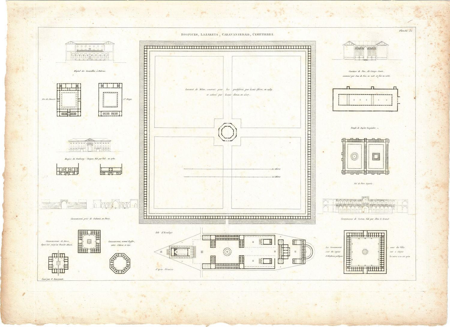 1799 Architectural Engraving of Hospices, Lazerets, Cimetieres by JNL Durand