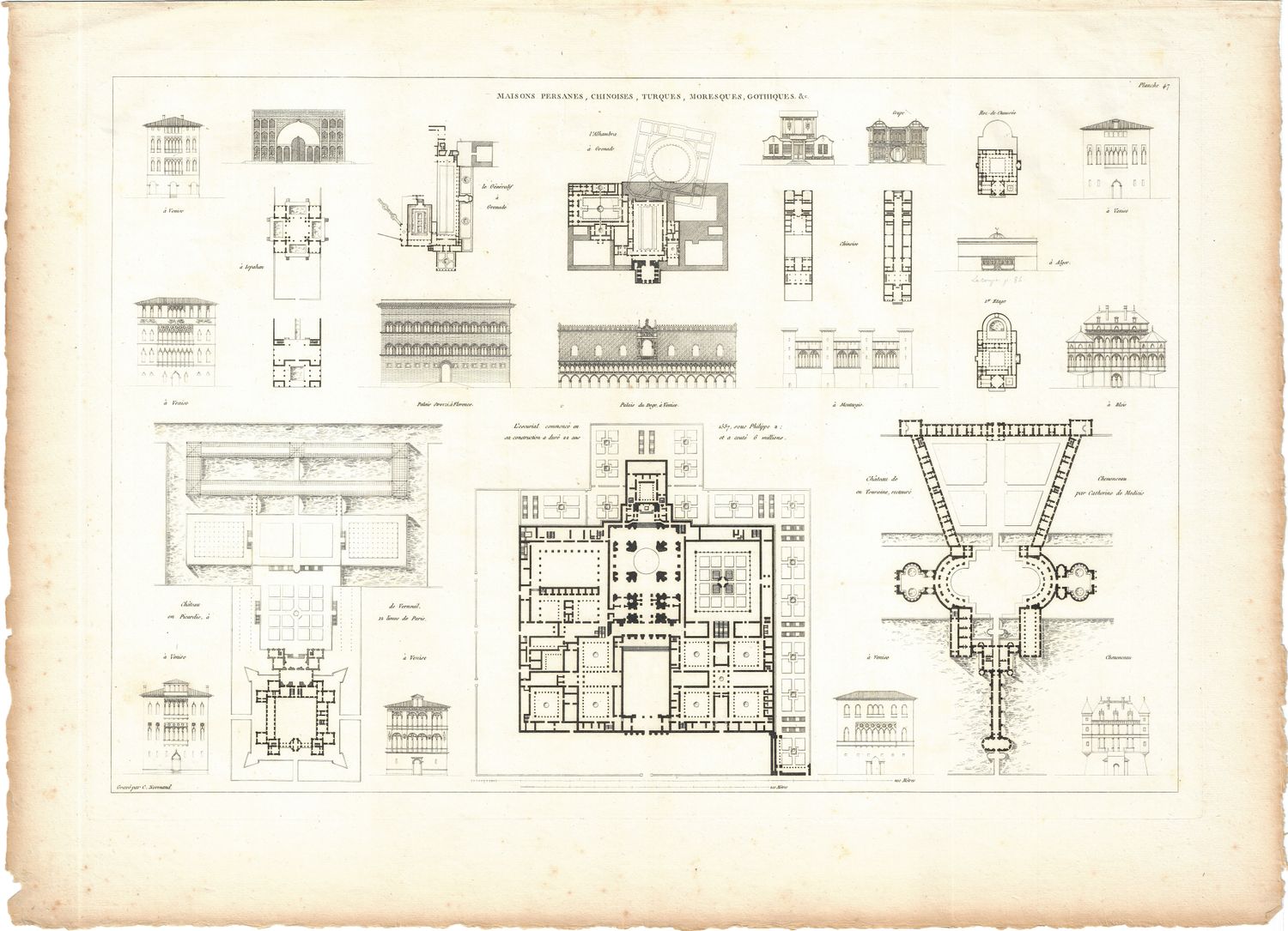 1799 Architectural Engraving of Maisons Persans, Chinoises, Turces, Moresques et Gothiquesby JNL Durand