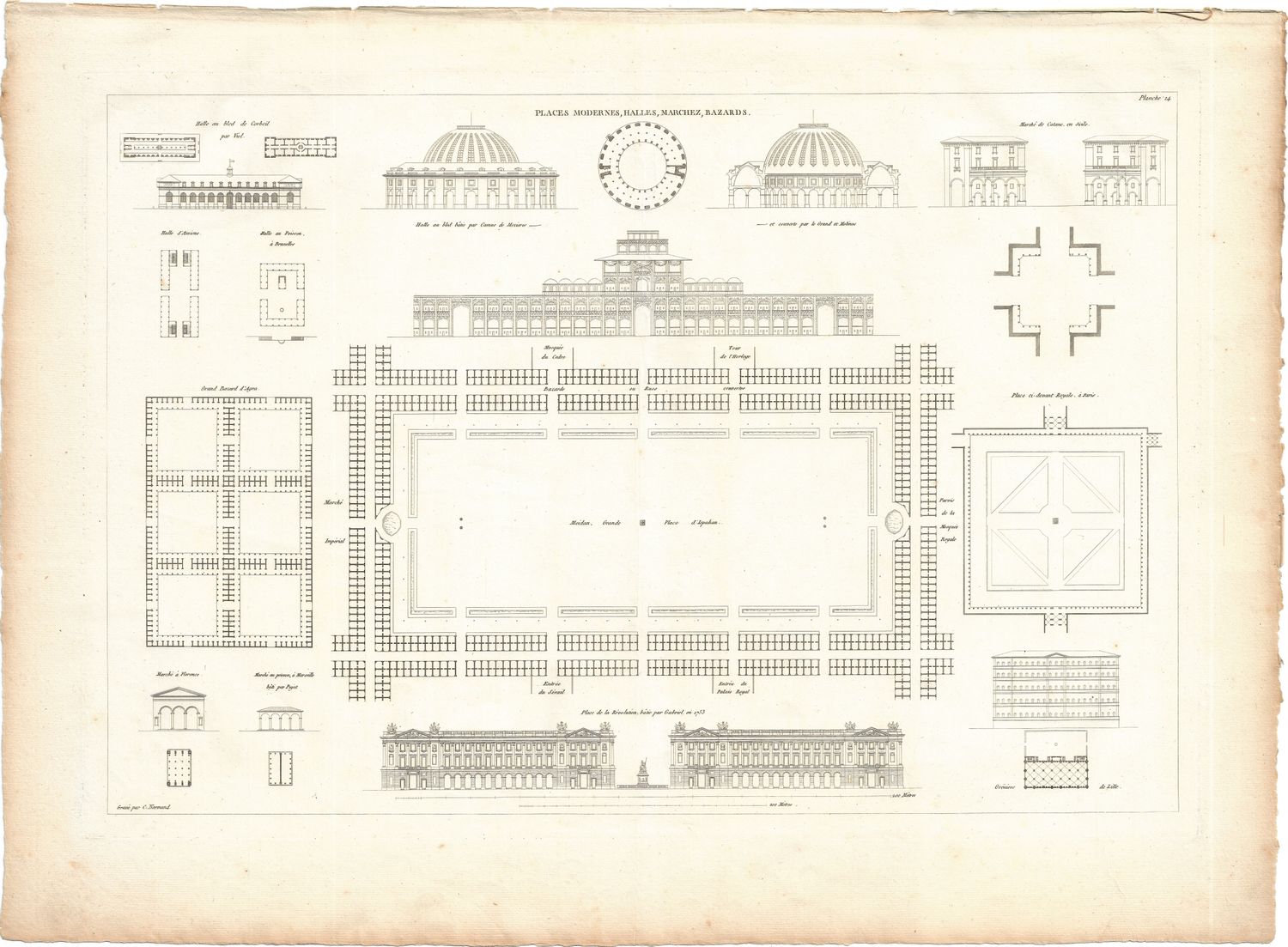 1799 Architectural Engraving of Places Modernes, Halles, Marches, Bazards by JNL Durand